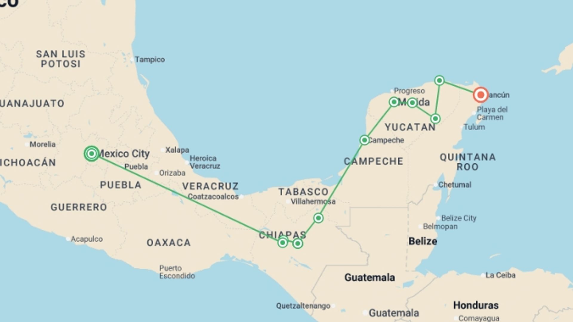 A map showing the tour itinerary for the trip: Mexican Heritage and Adventure, starting in Mexico City, Mexico and ending in Cancún, Mexico going through 5 other destinations.