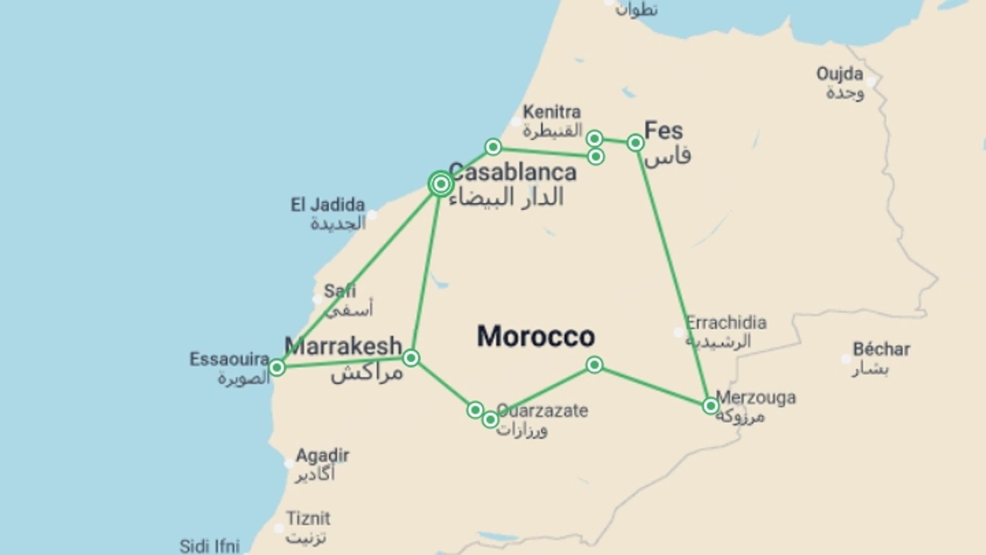 A map showing the tour itinerary for the trip: Casablanca to Essaouira - 13 days, starting in Casablanca, Morocco and ending in Casablanca, Morocco going through 7 other destinations.