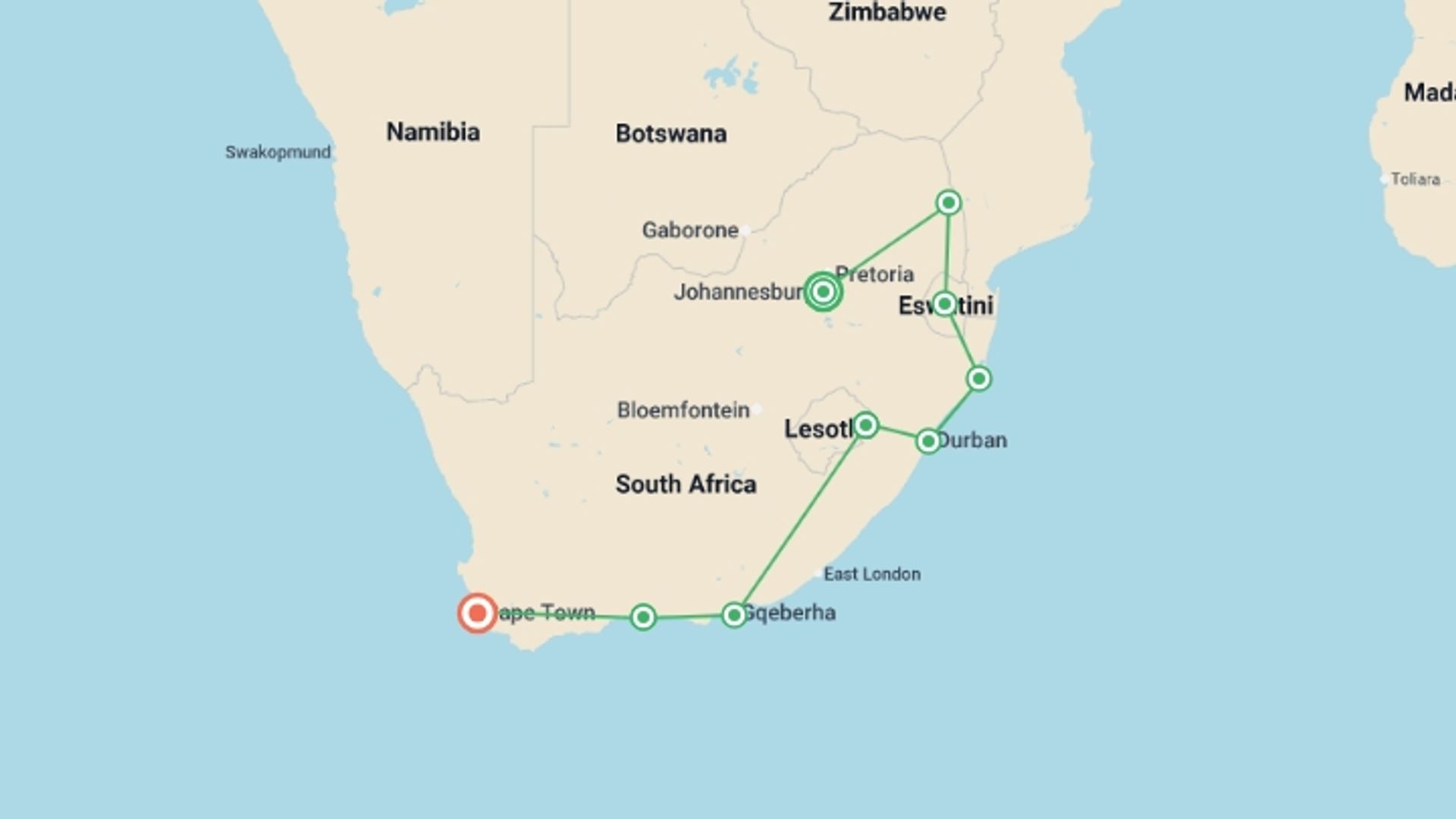A map showing the tour itinerary for the trip: South Africa In Depth, starting in Johannesburg, South Africa and ending in Cape Town, South Africa going through 7 other destinations.