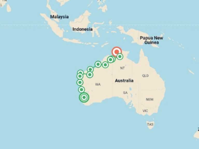 Map of a Adventure Tour with 14 destination visits for the trip: Wonders of the West Coast and Kimberley