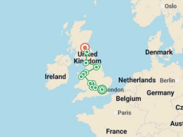 Map itinerary of London Tour in October 2026 with 7 destination visits for the trip: Highlights of Britain