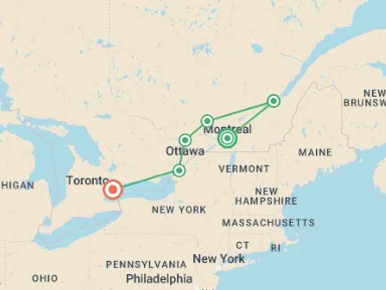Map itinerary of Canada Tour in October 2025 with 4 destination visits for the trip: Canadian Capitals