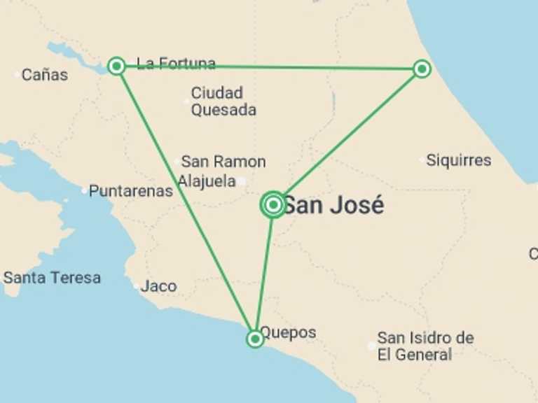 Map of Costa Rica Tour with 4 destination visits for the trip: Monkeys, Jungles and Volcanoes