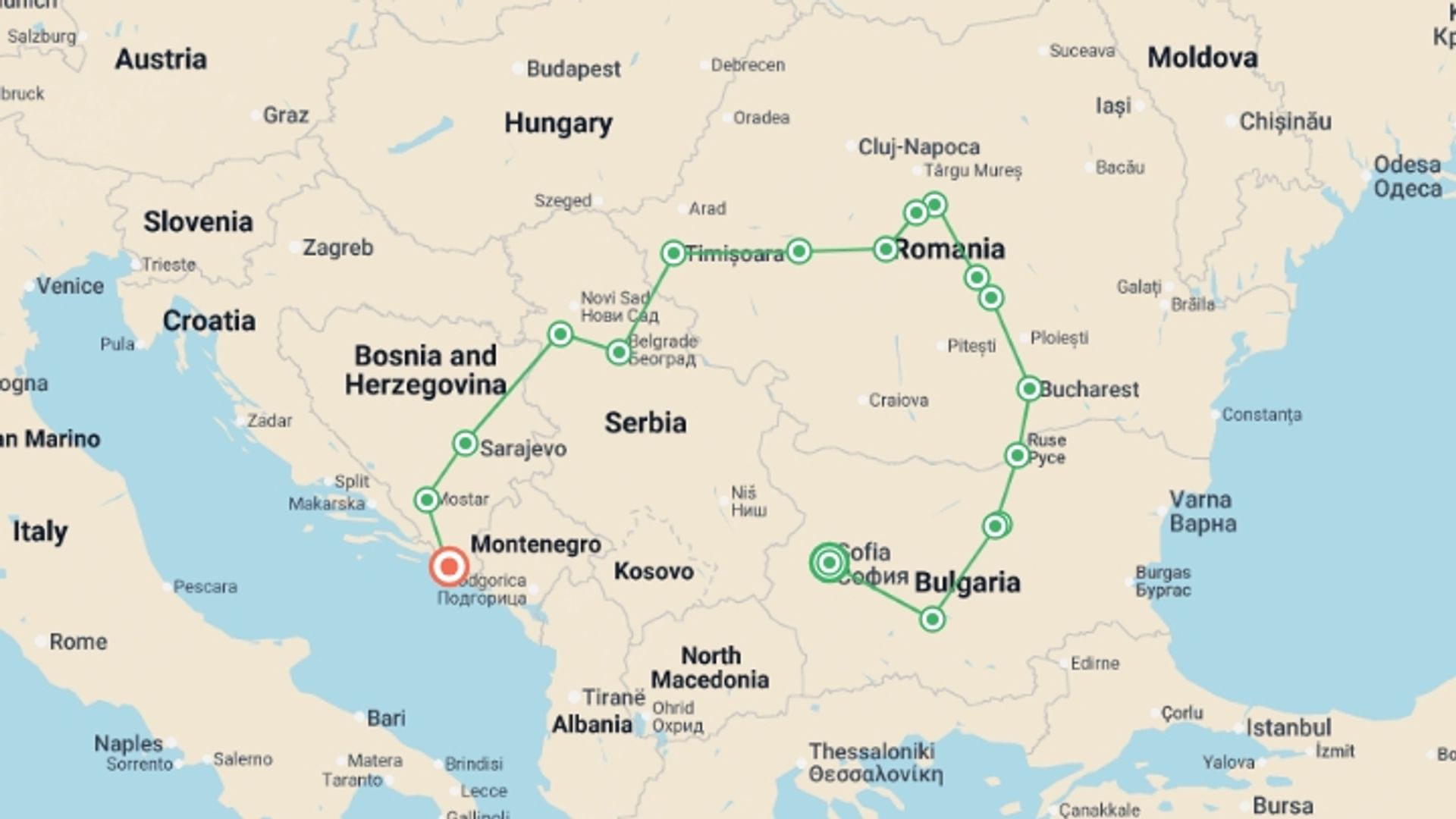 A map showing the tour itinerary for the trip: From Sofia to Dubrovnik, starting in Sofia, Bulgaria and ending in Dubrovnik, Croatia going through 7 other destinations.