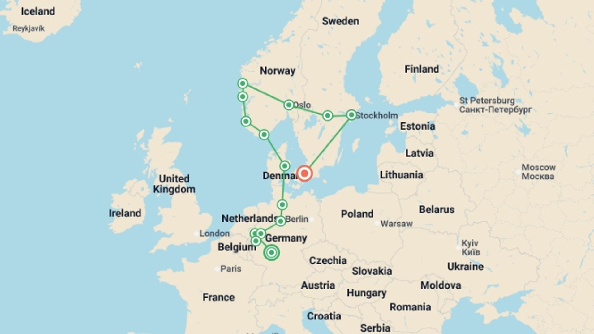 A map showing the tour itinerary for the trip: Beautiful Views End Copenhagen, starting in Frankfurt, Germany and ending in Copenhagen, Denmark going through 7 other destinations.