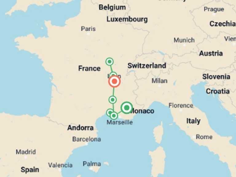Map of Provence Cruise Tour with 6 destination visits for the trip: The tip of Provence to Lyon on the Rhône and Saône Rivers (port-to-port cruise)