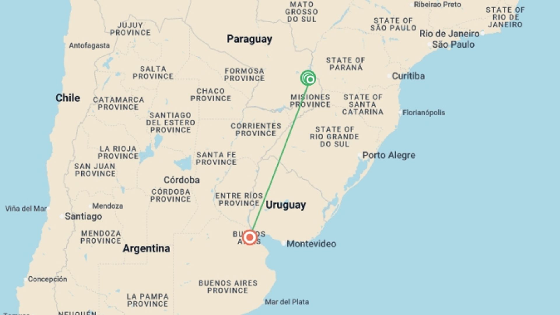 A map showing the tour itinerary for the trip: Argentina: Iguazú Falls & Buenos Aires - 6 days, starting in Puerto Iguazu, Argentina and ending in Buenos Aires, Argentina going through 3 other destinations.