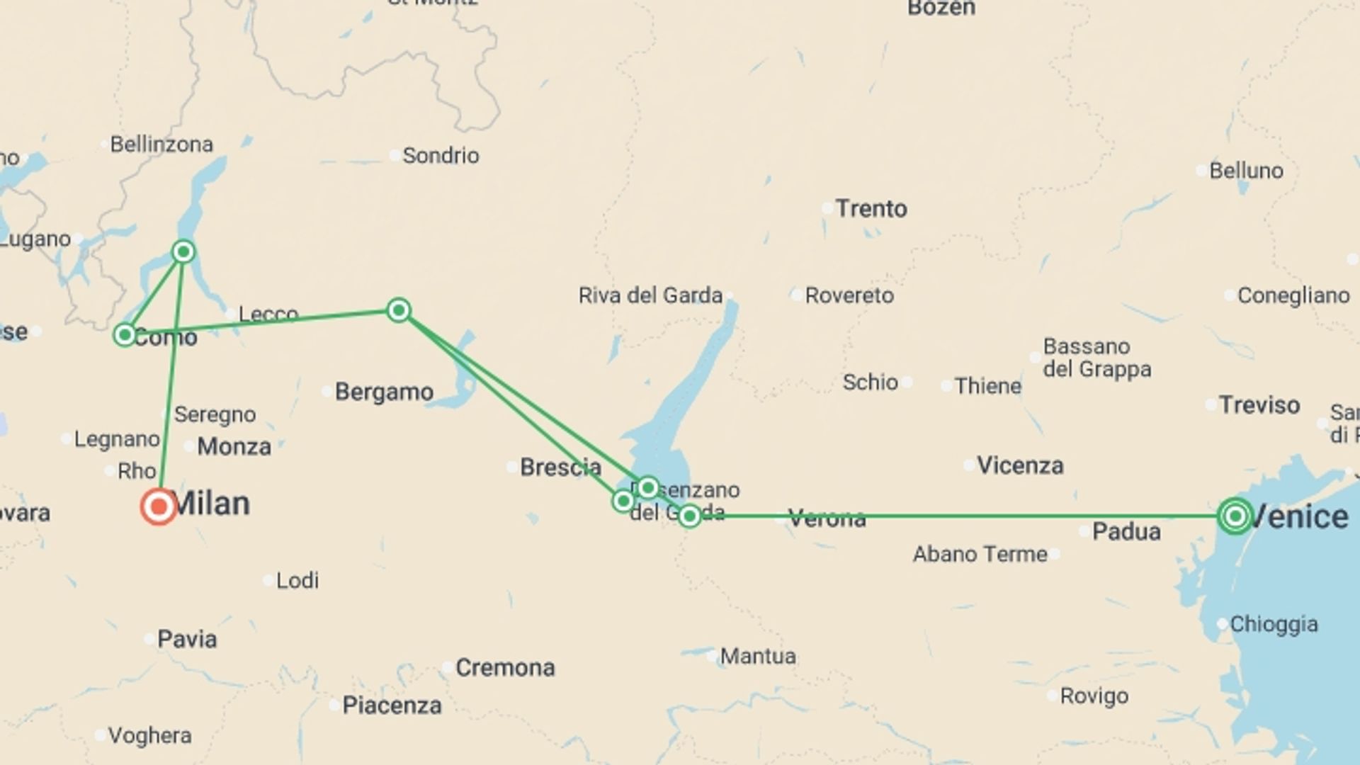 A map showing the tour itinerary for the trip: Italy’s Lakes & Bernina Express: Small Group Tour, starting in Venice, Italy and ending in Milan, Italy going through 1 other destinations.