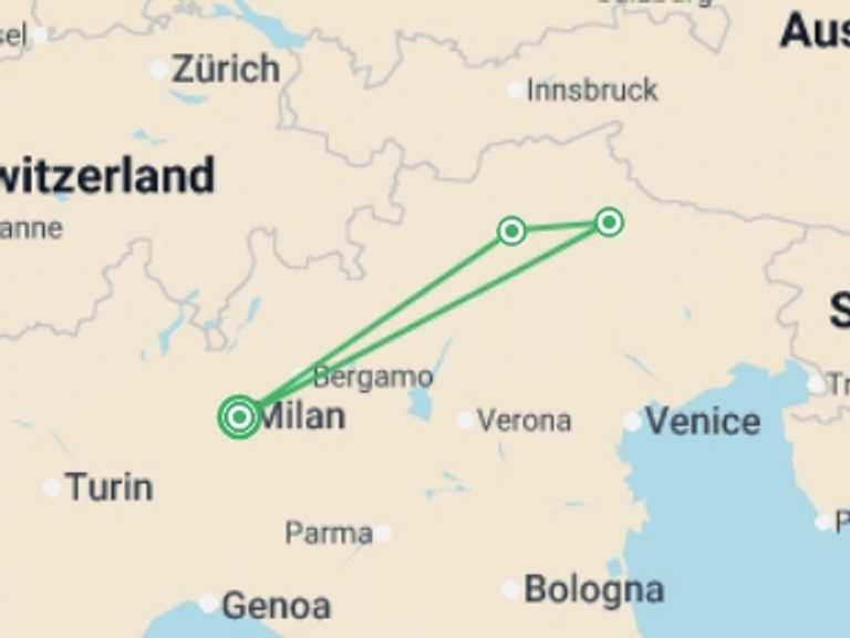 Map itinerary of Mediterranean Tour in August 2026 with 3 destination visits for the trip: Italian Lakes, Alps & Dolomites - 9 days