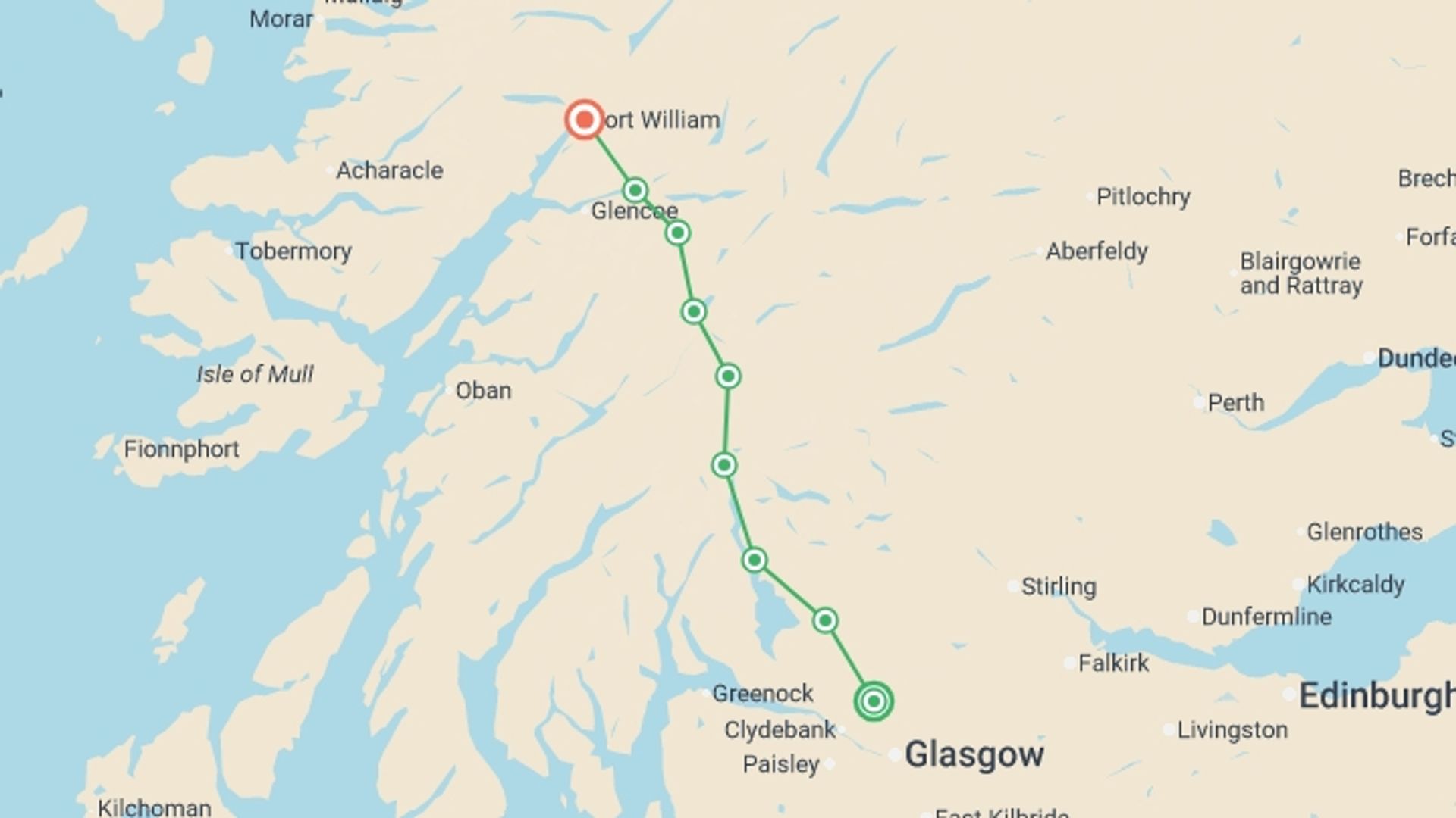 A map showing the tour itinerary for the trip: Walking the West Highland Way - 10 Days, starting in Milngavie, Scotland and ending in Fort William, Scotland going through 7 other destinations.