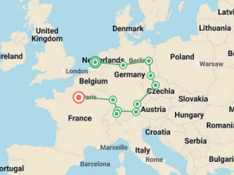 Map itinerary of Europe Tour in January 2027 with 6 destination visits for the trip: From Amsterdam to Paris