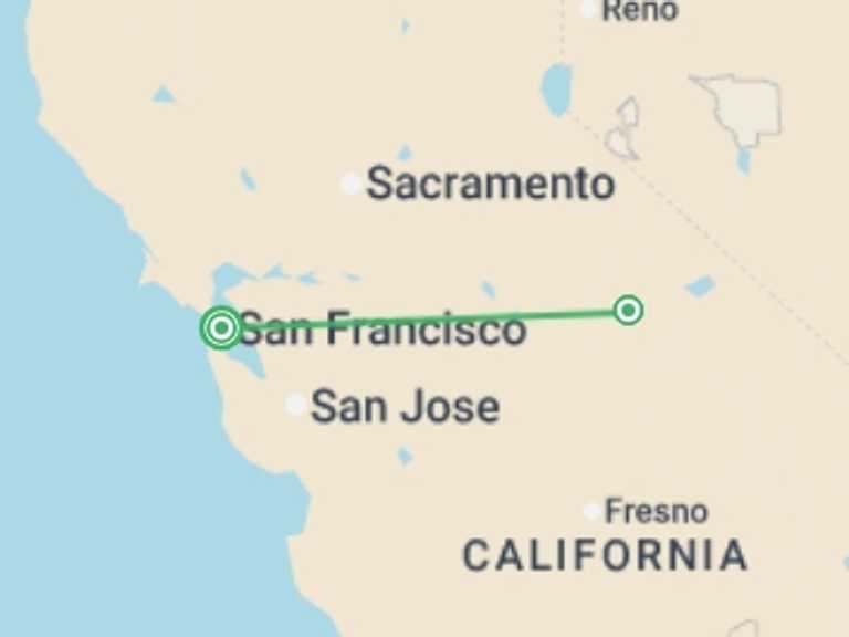 Map of 6-Day USA Tour with 2 destination visits for the trip: Hiking in Yosemite National Park