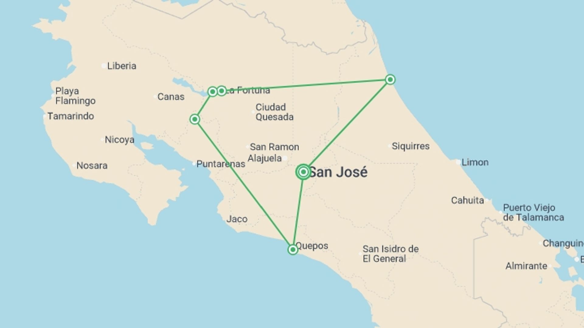 A map showing the tour itinerary for the trip: Costa Rica Encompassed - 14 days, starting in San Jose, Costa Rica and ending in San Jose, Costa Rica going through 5 other destinations.