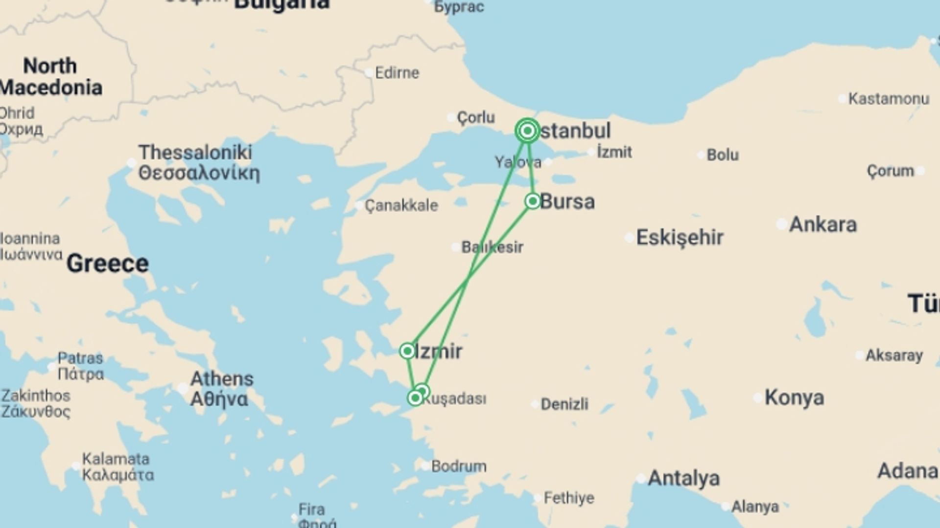 A map showing the tour itinerary for the trip: Istanbul and Ephesus, starting in Istanbul, Turkey and ending in Istanbul, Turkey going through 1 other destinations.