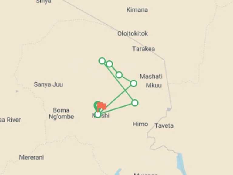 Map itinerary of Tanzania Tour in April 2027 with 8 destination visits for the trip: Kilimanjaro Climbing  Marangu Route 7 Days
