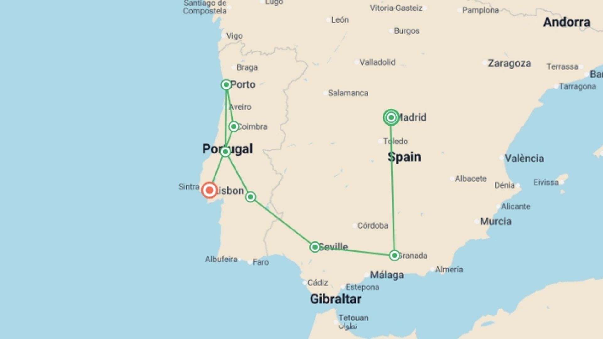 A map showing the tour itinerary for the trip: Andalusia and Portugal completely Madrid (Without Alhambra), starting in Madrid, Spain and ending in Lisbon, Portugal going through 6 other destinations.