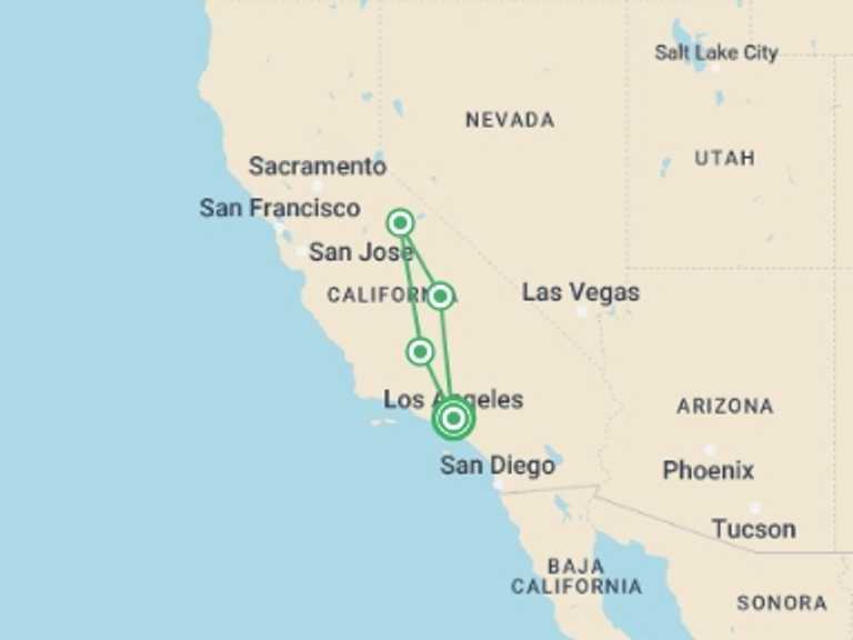 Map itinerary of Los Angeles Tour in December 2025 with 4 destination visits for the trip: Los Angeles, Yosemite, and Giant Sequoia