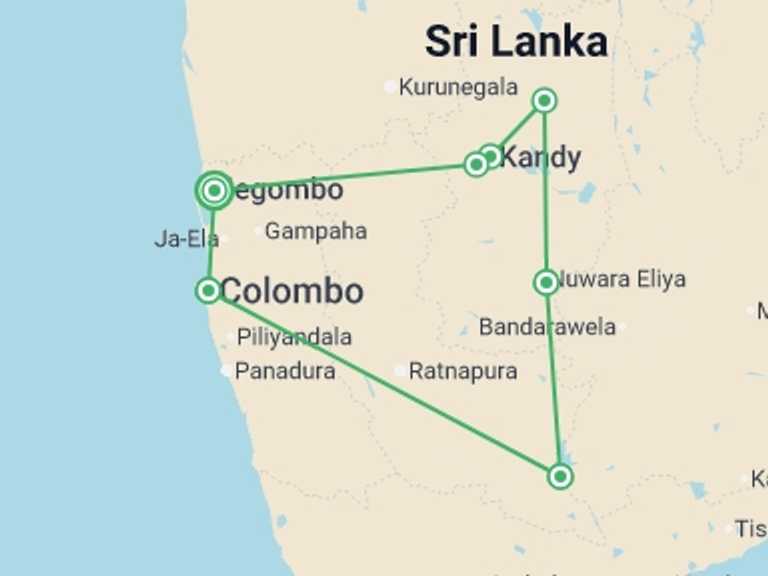 Map itinerary of Asia Tour in Winter with 6 destination visits for the trip: All In One Sri Lanka, Private Tour