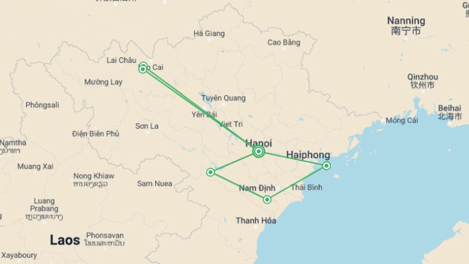 A map showing the tour itinerary for the trip: Vietnam: Hike, Bike & Kayak, starting in Hanoi, Vietnam and ending in Hanoi, Vietnam going through 5 other destinations.