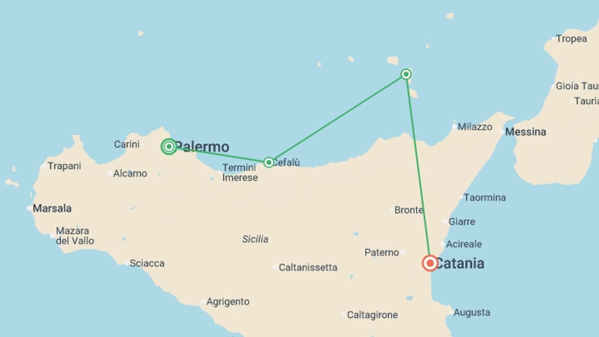 A map showing the tour itinerary for the trip: Northern Sicily: Islands & Volcanoes, starting in Palermo, Italy and ending in Catania, Italy going through 2 other destinations.