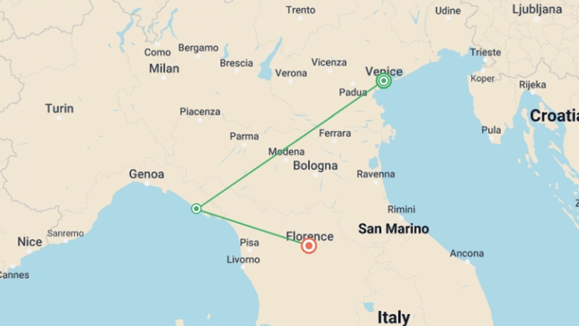 A map showing the tour itinerary for the trip: Journeys: Northern Italy, Venice to Florence, starting in Venice, Italy and ending in Florence, Italy going through 1 other destinations.