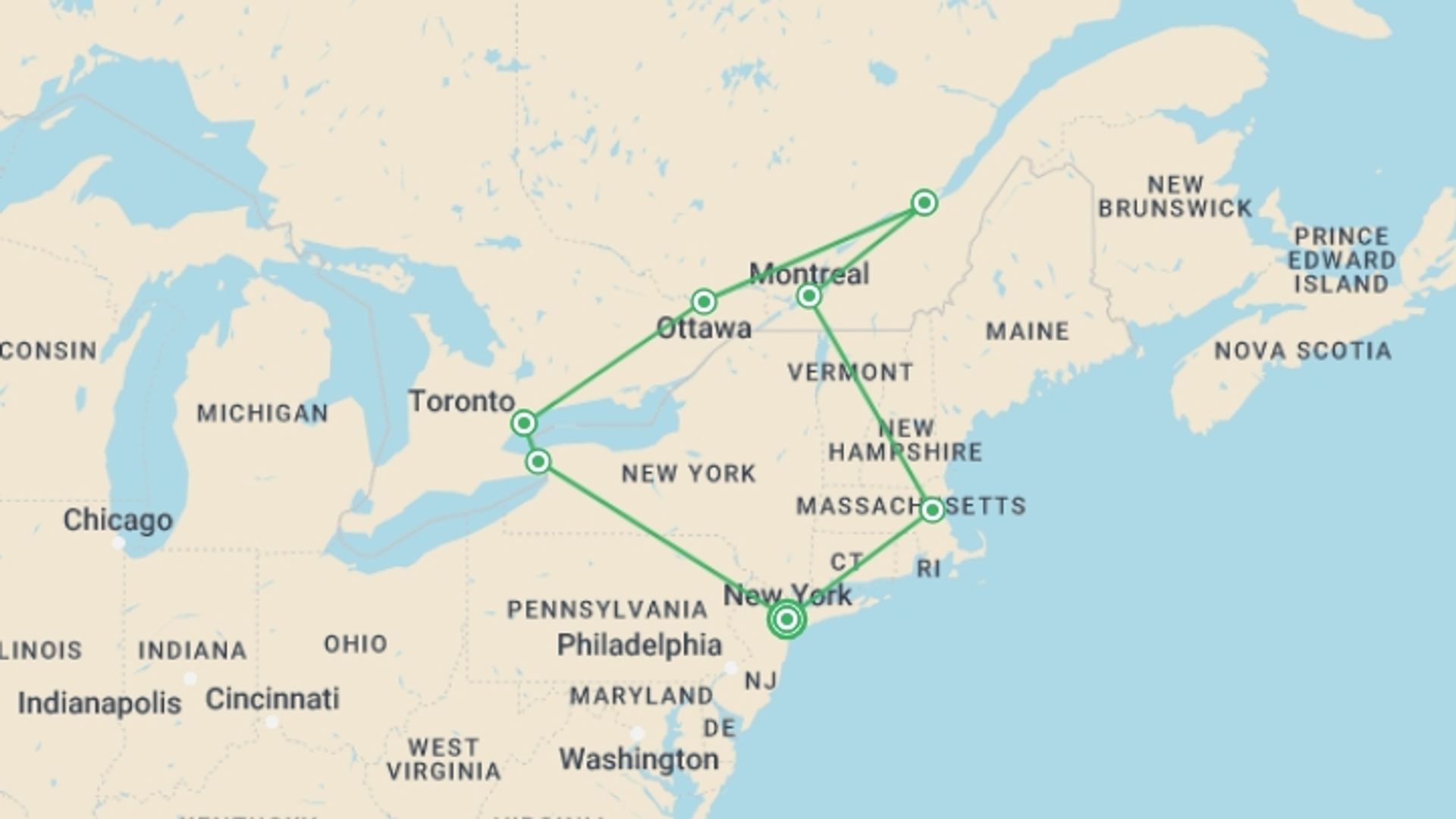 A map showing the tour itinerary for the trip: East Coast and Dreamed Canada, starting in New York, USA and ending in New York, USA going through 6 other destinations.