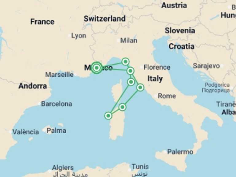 Map of Europe Tour with 7 destination visits for the trip: La Dolce Vita along the Italian coastline - Tuscany, Sardinia, Elba, and the Cinque Terre (port-to-port package)