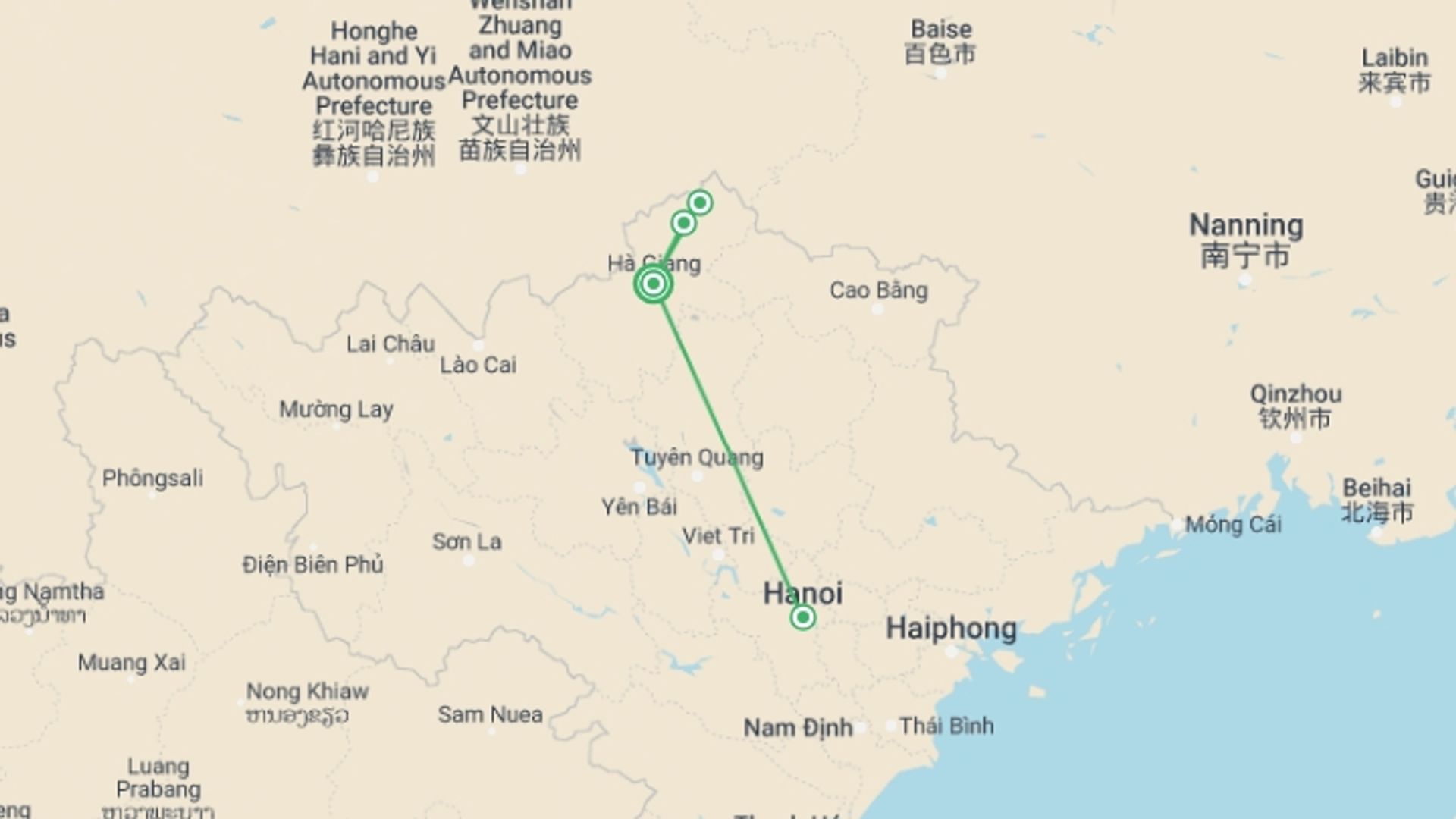 A map showing the tour itinerary for the trip: Highlights Of Ha Giang 3 Days 2 Nights, starting in Ha Giang, Vietnam and ending in Ha Giang, Vietnam going through 2 other destinations.