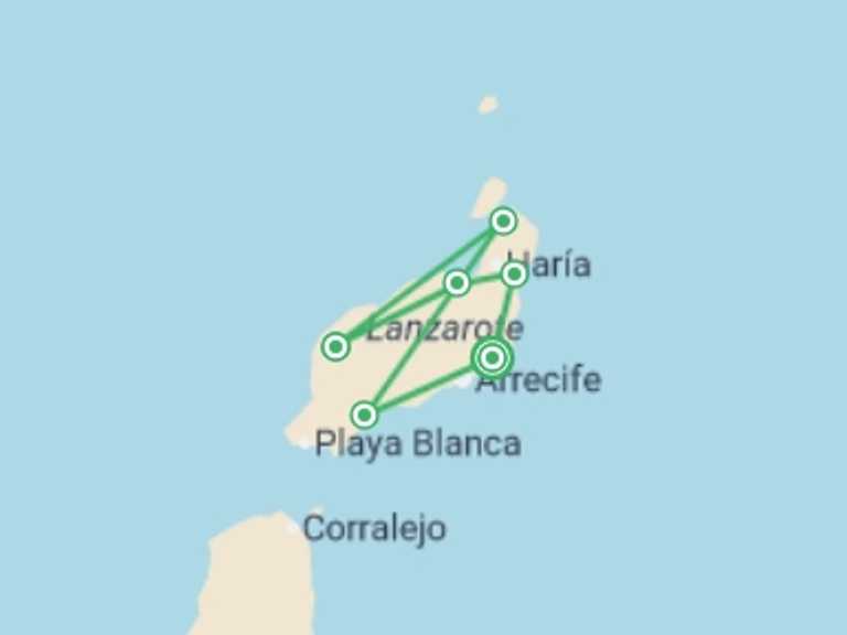 Map itinerary of Spain Tour in February 2026 with 7 destination visits for the trip: Canary Islands Walking - Lanzarote