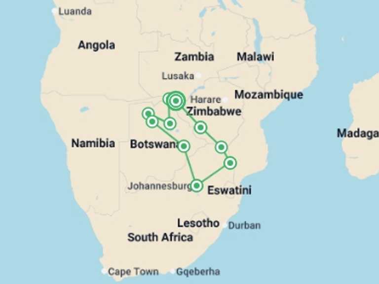 Map itinerary of Zimbabwe Tour in November 2027 with 11 destination visits for the trip: Southern Africa Overland: Canoes & Camp-Outs