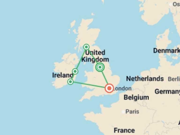 Map of 10-Day England Tour with 5 destination visits for the trip: Britain and Ireland Delight