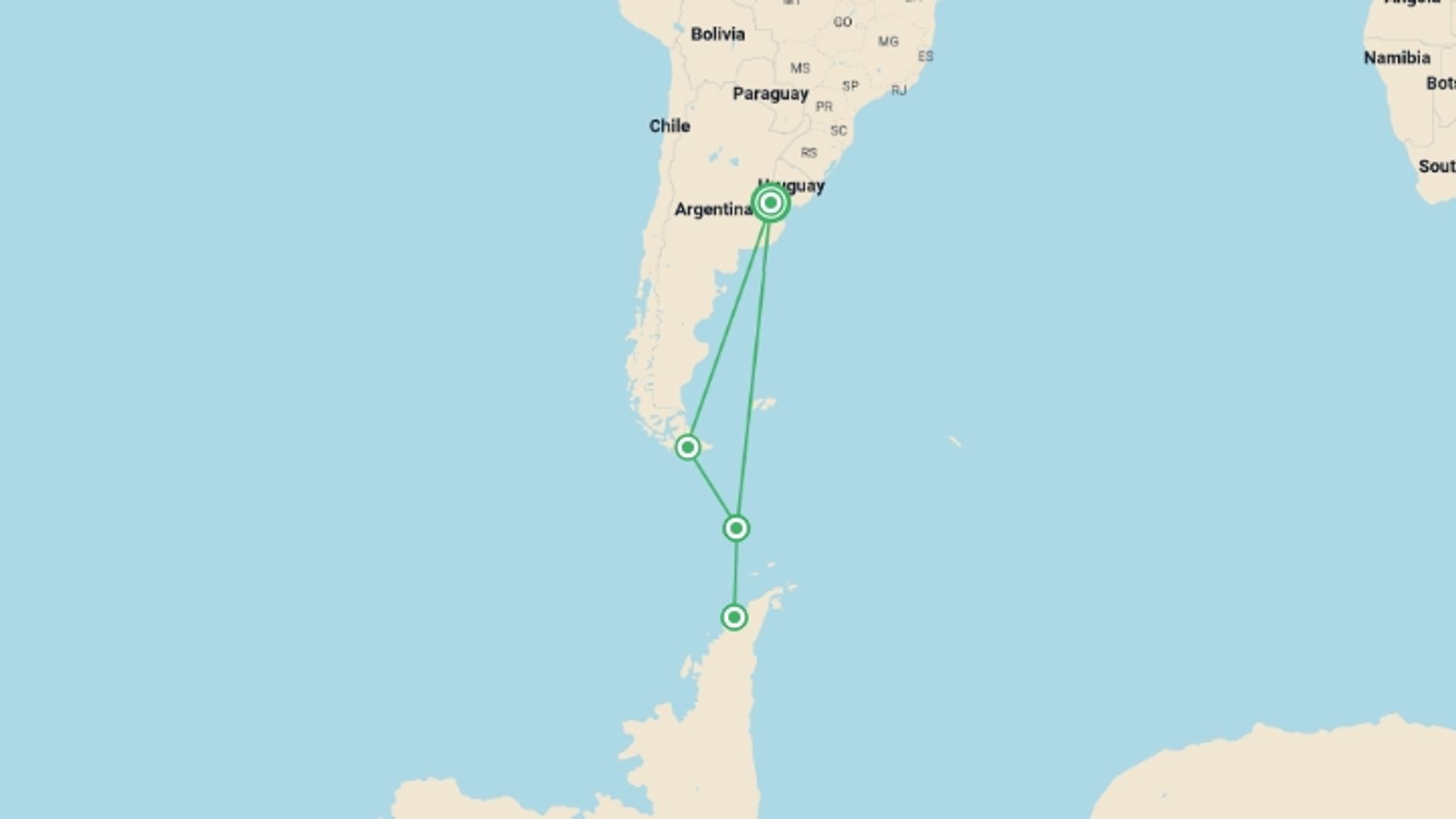 A map showing the tour itinerary for the trip: Antarctic Marine Mammals: The World of Whales and Seals, starting in Buenos Aires, Argentina and ending in Buenos Aires, Argentina going through 3 other destinations.