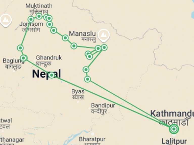 Map itinerary of Nepal Tour in Winter with 16 destination visits for the trip: Annapurna Circuit Trek: Eighteen Days