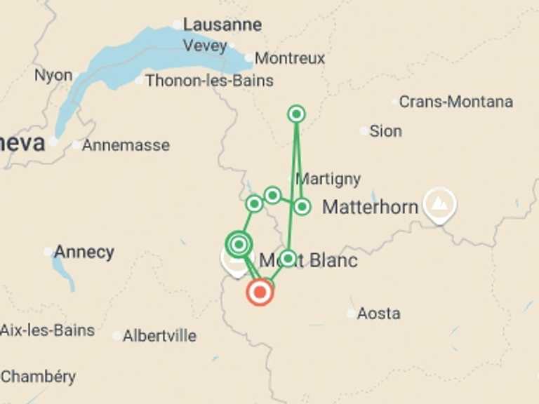 Map of Courmayeur Tour with 8 destination visits for the trip: Mont Blanc Rambler Guided Hike