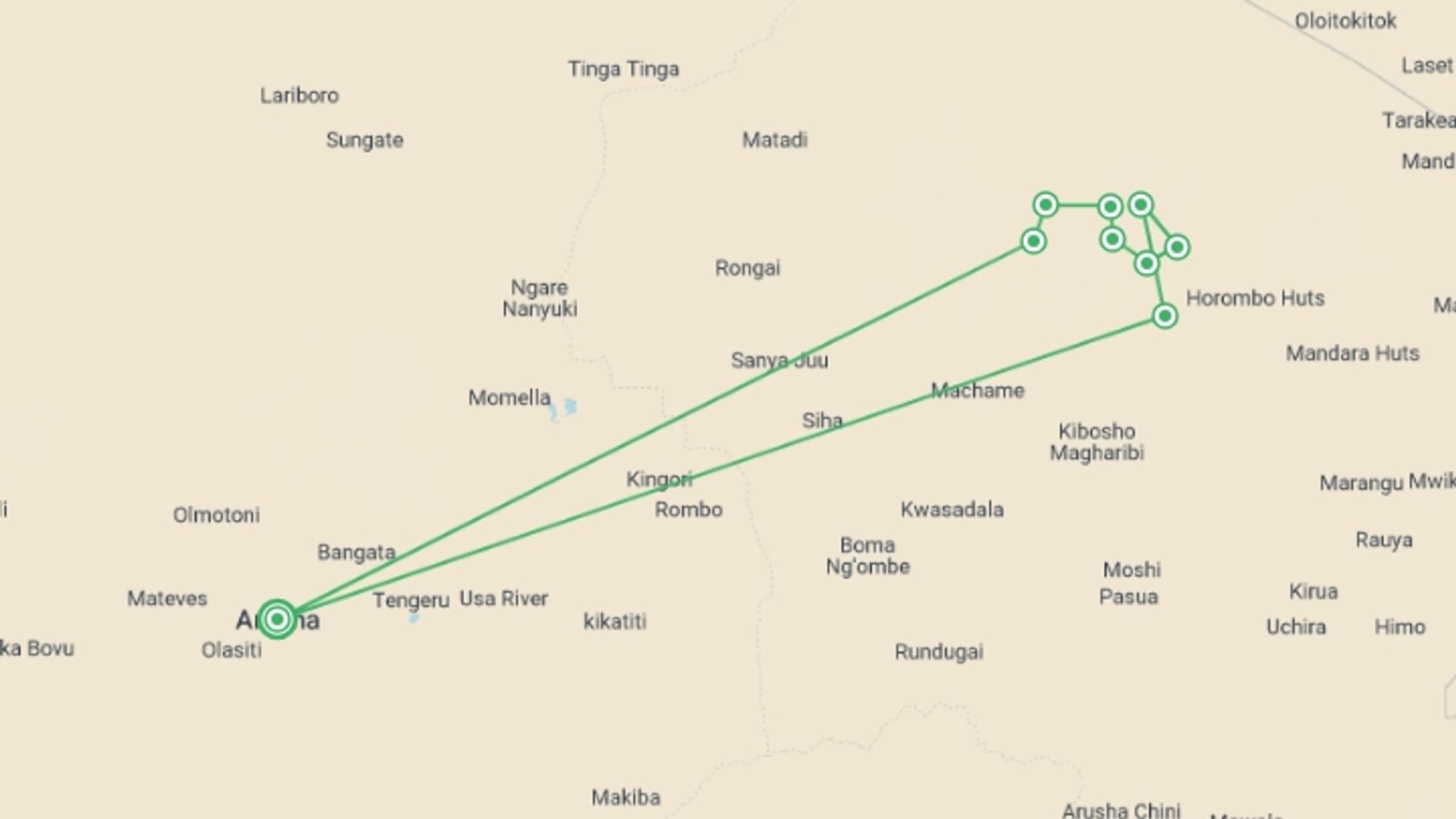 A map showing the tour itinerary for the trip: 7 Days Climb Kilimanjaro - Machame Route, starting in Arusha, Tanzania and ending in Arusha, Tanzania going through 7 other destinations.