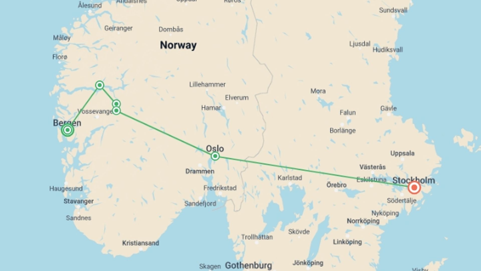 A map showing the tour itinerary for the trip: Magic of Norwegian Fjords and Stockholm, starting in Bergen, Norway and ending in Stockholm, Sweden going through 2 other destinations.