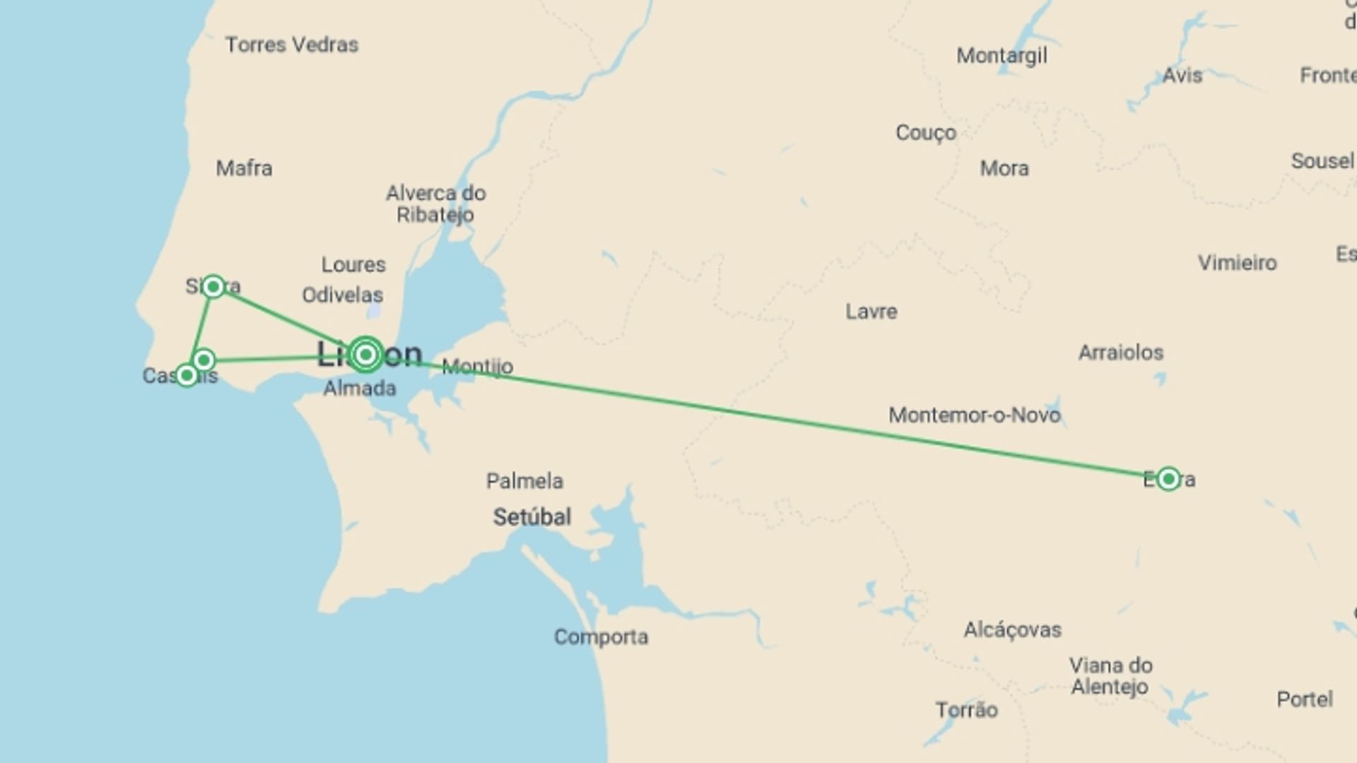 A map showing the tour itinerary for the trip: Cultural Portugal - 5 days, starting in Lisbon, Portugal and ending in Lisbon, Portugal going through 0 other destinations.