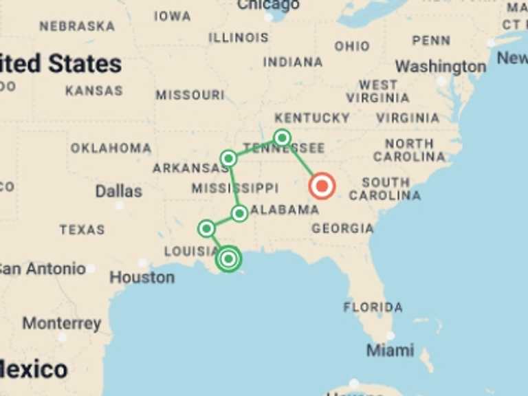 Map of a Party and nightlife Tour with 6 destination visits for the trip: American Rhythms
