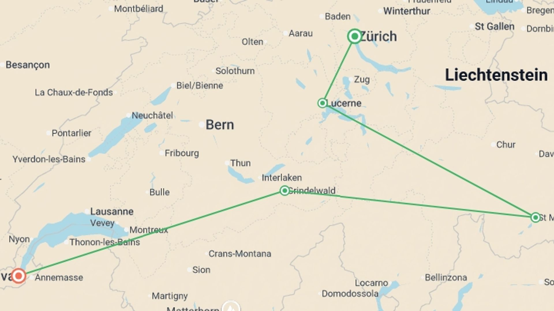A map showing the tour itinerary for the trip: Magical Switzerland, starting in Zurich, Switzerland and ending in Geneva, Switzerland going through 3 other destinations.