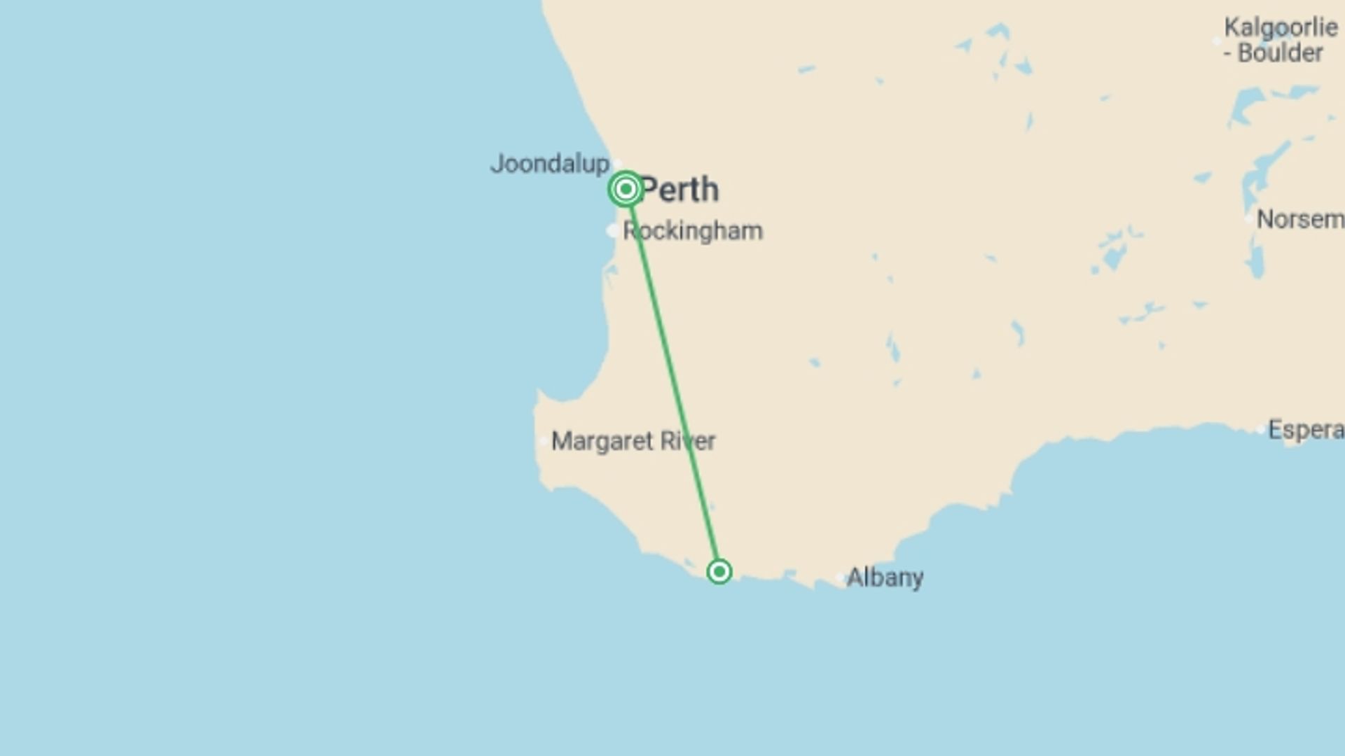 A map showing the tour itinerary for the trip: Hike the Bibbulmun Track: Albany to Denmark, starting in Perth, Australia and ending in Perth, Australia going through 1 other destinations.