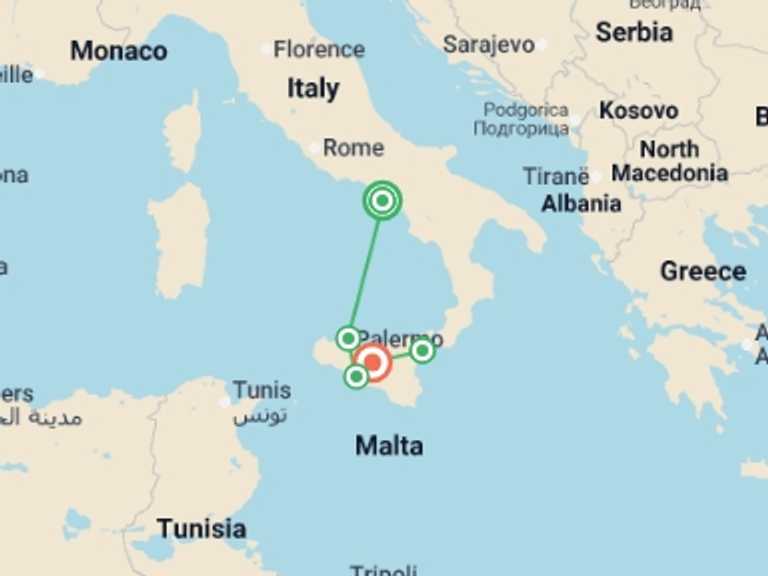 Map of Italy Tour with 6 destination visits for the trip: Southern Splendours: Campania & Sicily Discovery