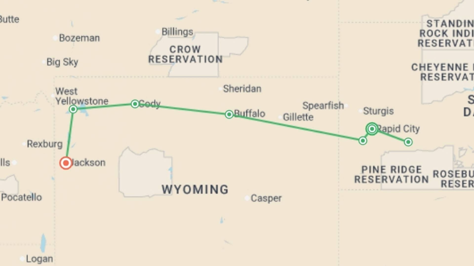 A map showing the tour itinerary for the trip: America's Cowboy Country , starting in Rapid City, USA and ending in Jackson, USA going through 3 other destinations.