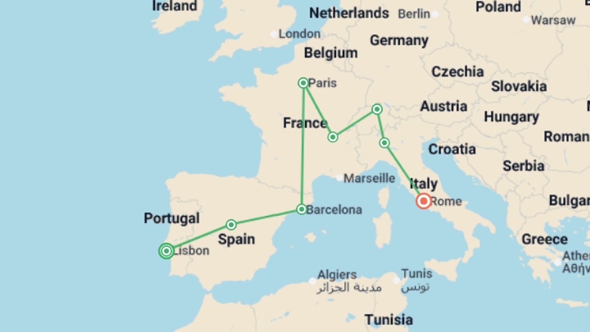 A map showing the tour itinerary for the trip: European Spotlight, starting in Lisbon, Portugal and ending in Rome, Italy going through 6 other destinations.