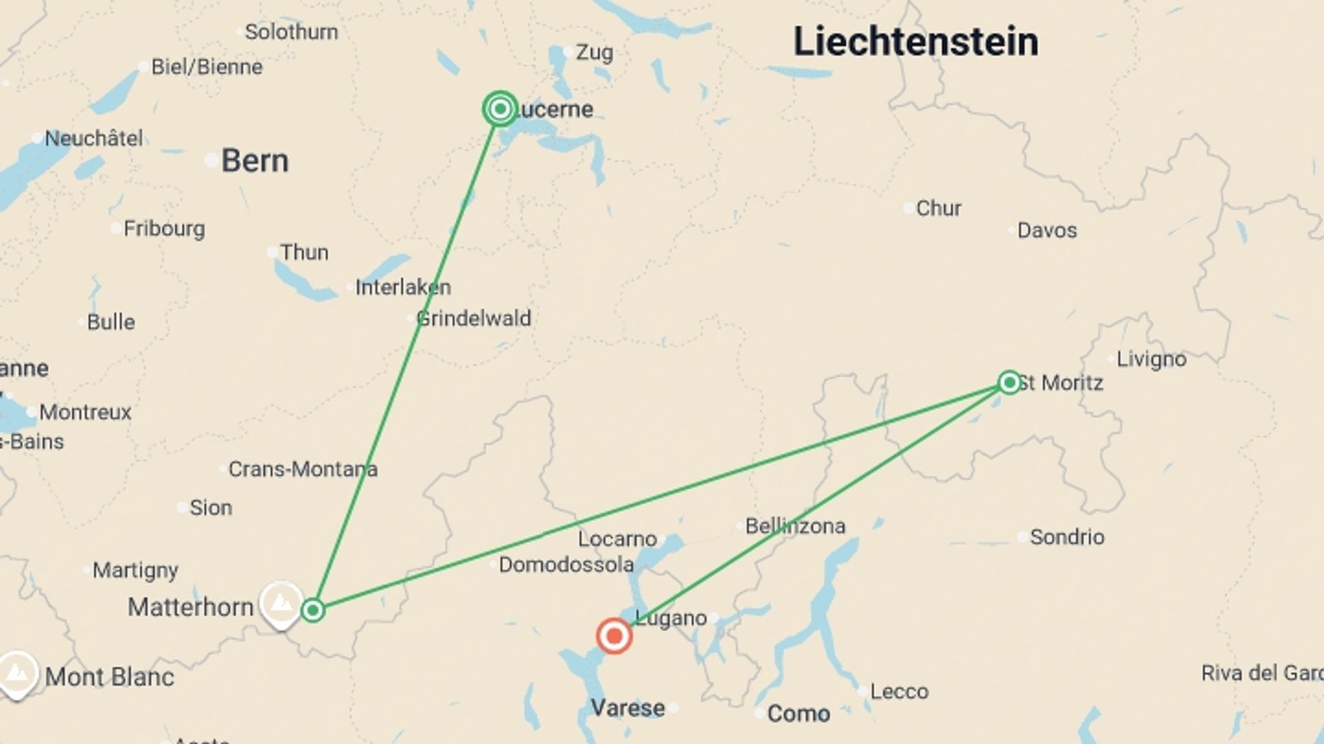 A map showing the tour itinerary for the trip: Signature: Iconic Trains of Switzerland & Italy's Lake District, starting in Lucerne, Switzerland and ending in Lake Maggiore, Italy going through 3 other destinations.