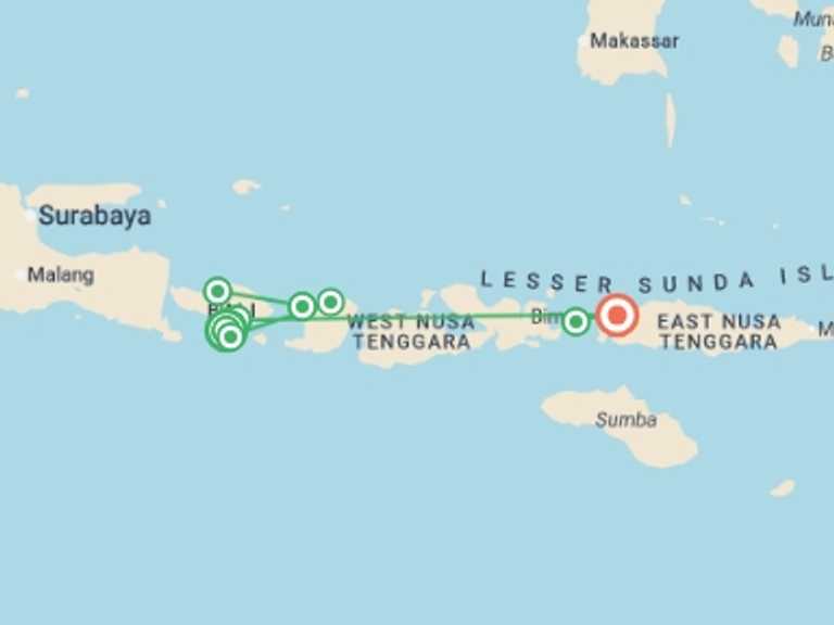 Map of South East Asia Tour with 8 destination visits for the trip: Bali, Lombok & Komodo  - 19 days
