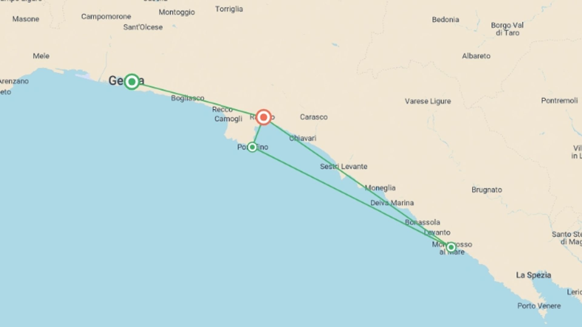 A map showing the tour itinerary for the trip: Cinque Terre & Portofino - 4 days, starting in Genoa, Italy and ending in Rapallo, Italy going through 2 other destinations.