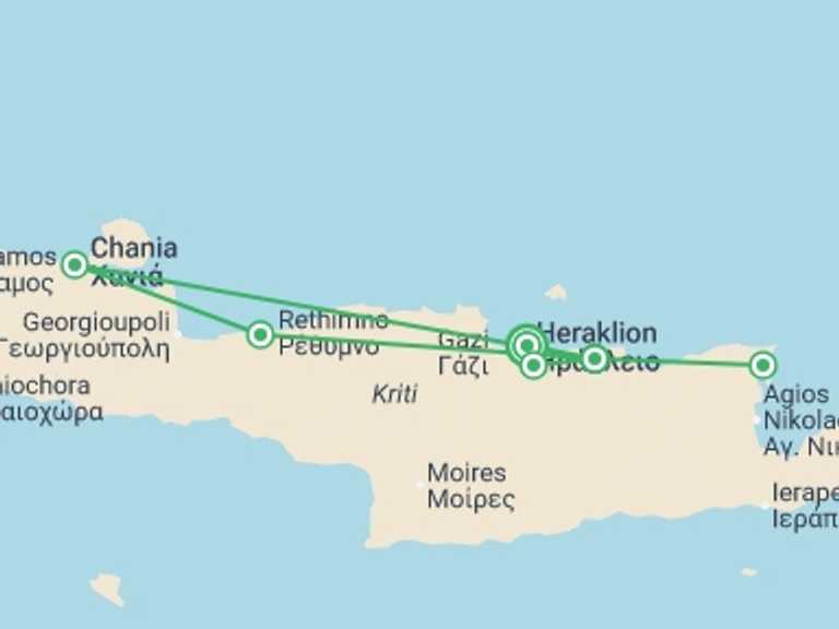 Map itinerary of Mediterranean Tour in July 2026 with 2 destination visits for the trip: Treasures Of Crete, German-speaking Guide