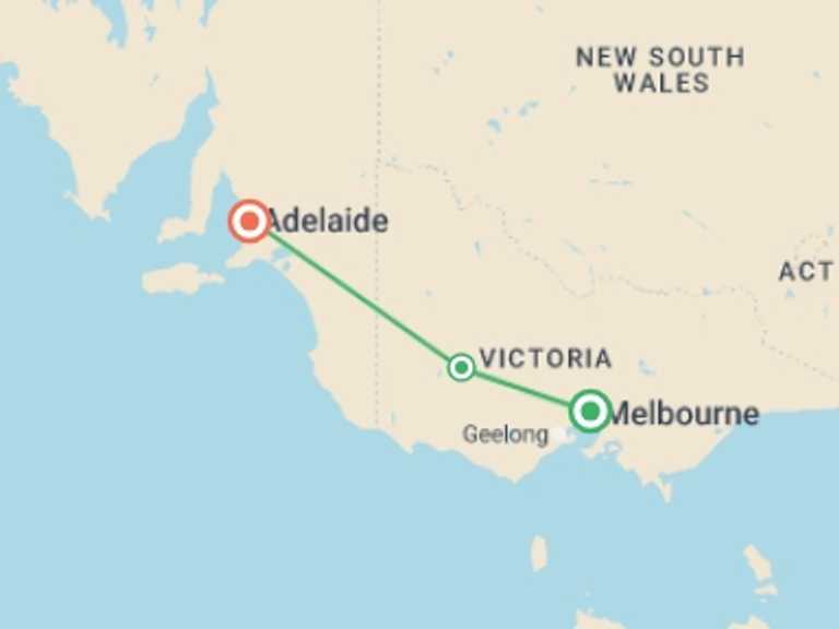 Map itinerary of Australia Tour in February 2027 with 3 destination visits for the trip: Highlights of Melbourne to Adelaide - 2 days