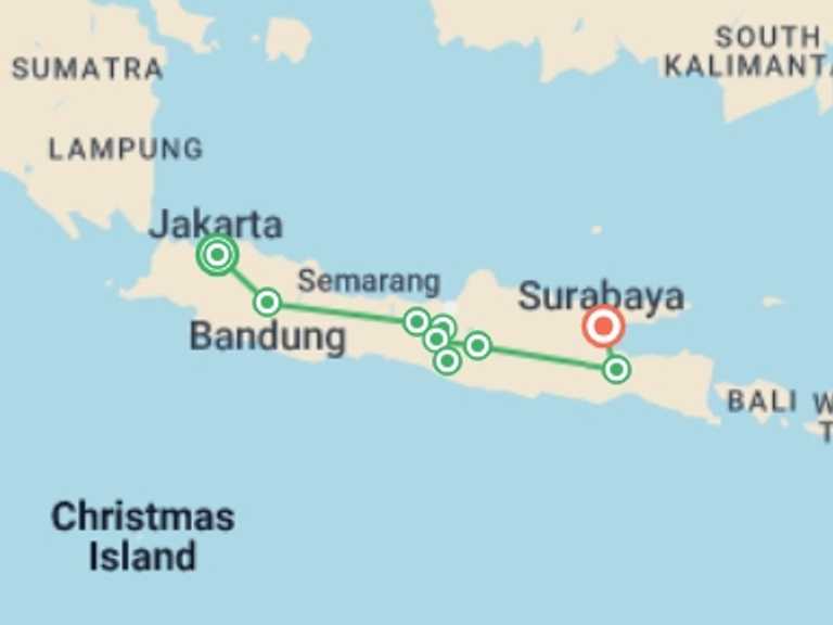 Map of a Explorer Tour with 10 destination visits for the trip: Indonesia: Absolute Java
