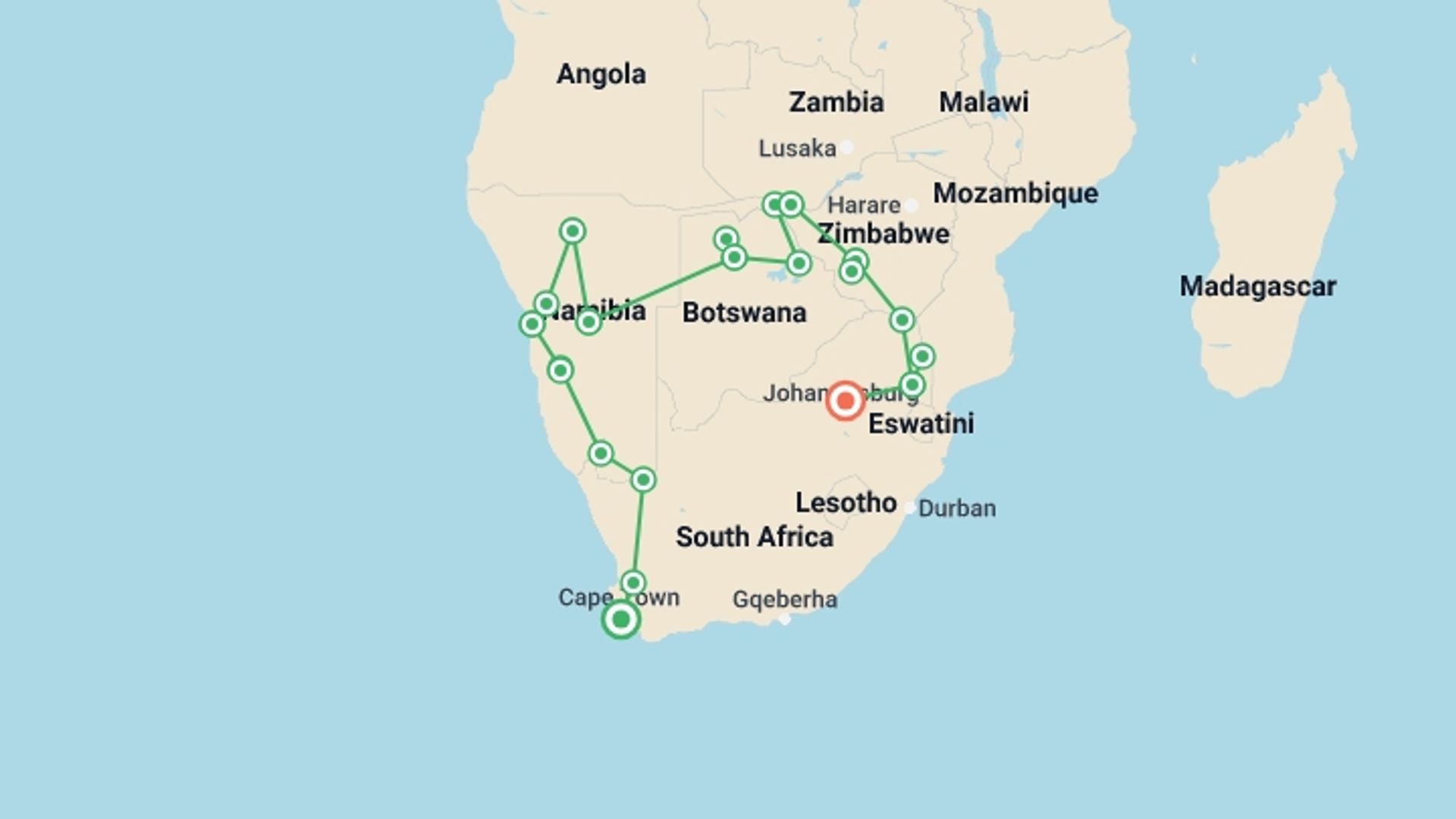 A map showing the tour itinerary for the trip: 25-day Cape Town to Victoria Falls  Kruger Camping, starting in Cape Town, South Africa and ending in Pretoria, South Africa going through 18 other destinations.